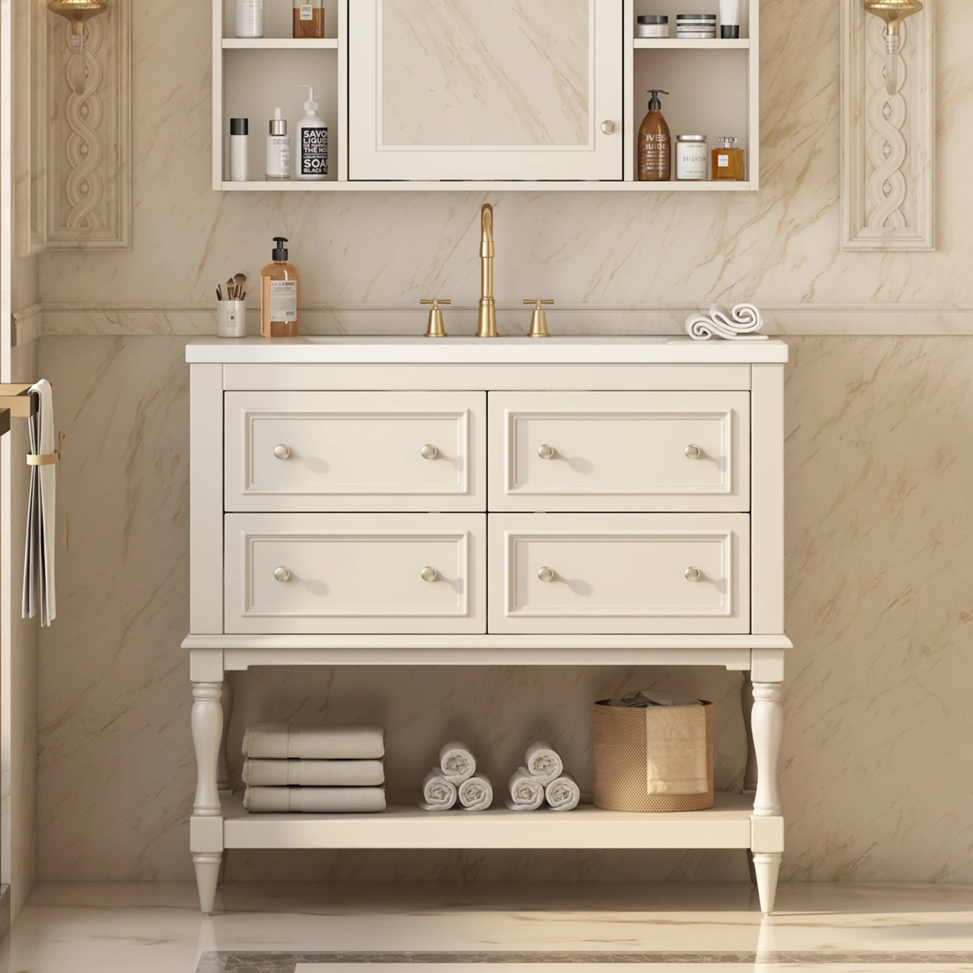 Harper & Bright Designs 36" Bathroom Vanity with Sink, Bathroom Storage Cabinet with Drawers, Single Sink Bathroom Vanity, Beige
