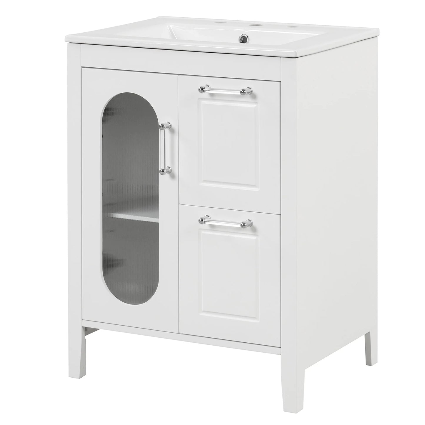 Soges 24" Bathroom Vanity with Ceramic Sink, Solid Wood Bathroom Makeup Cabinet with Door, Adjustable Shelf and 2 Drawer, Free Standing Single Basin Vanity Set for Small Bathroom, White