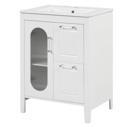 Soges 24" Bathroom Vanity with Ceramic Sink, Solid Wood Bathroom Makeup Cabinet with Door, Adjustable Shelf and 2 Drawer, Free Standing Single Basin Vanity Set for Small Bathroom, White