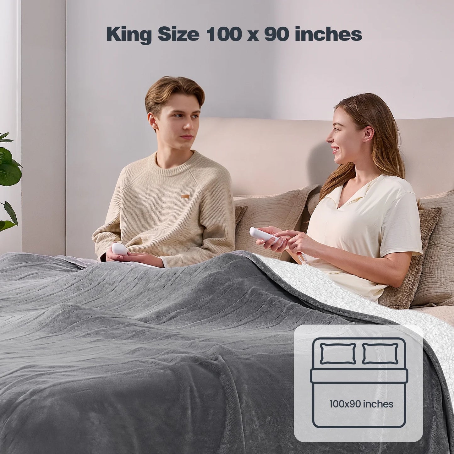 Ocuuziisu Electric Blanket 90" x 100" King Size Heated Blanket, Flannel and Sherpa, 10 Hour Auto-off, 9 Heat Settings, Fast Heating, Machine Washable, Gray