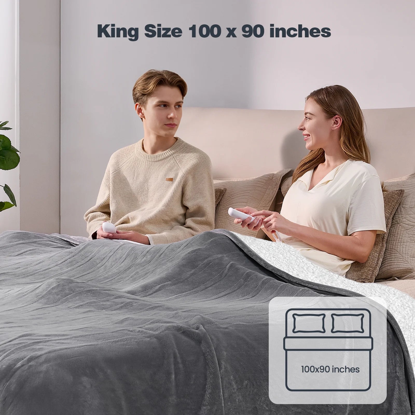 Ocuuziisu Electric Blanket 90" x 100" King Size Heated Blanket, Flannel and Sherpa, 10 Hour Auto-off, 9 Heat Settings, Fast Heating, Machine Washable, Gray