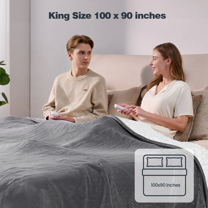 Ocuuziisu Electric Blanket 90" x 100" King Size Heated Blanket, Flannel and Sherpa, 10 Hour Auto-off, 9 Heat Settings, Fast Heating, Machine Washable, Gray