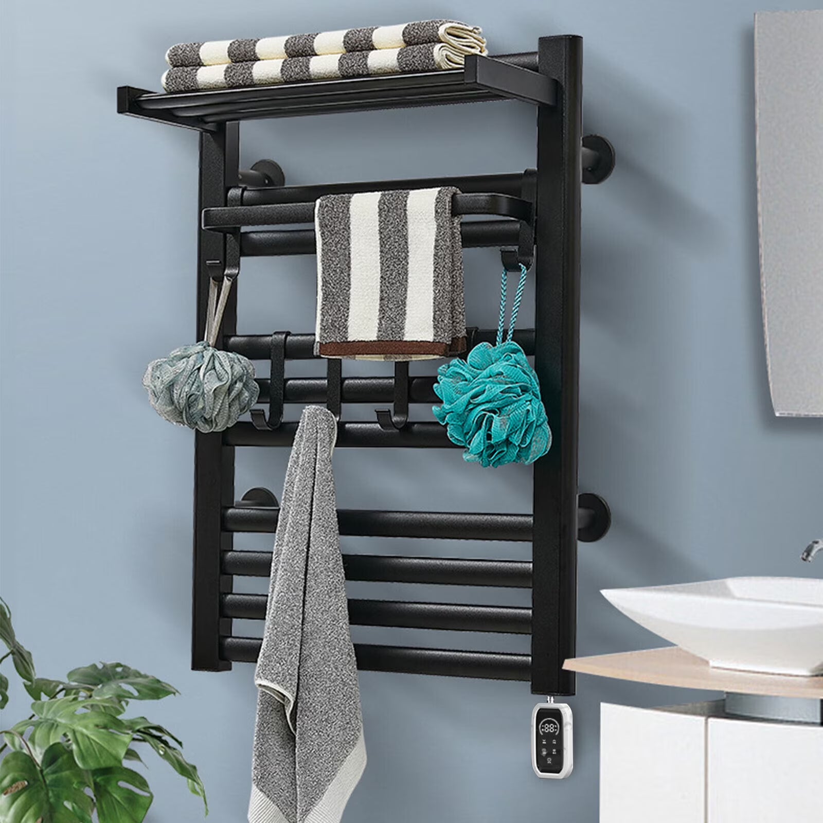 Heated Towel Rack Aluminum Heater Bathroom Warmer Shelf, Remote Control, 10 Rails+ 6 Hooks