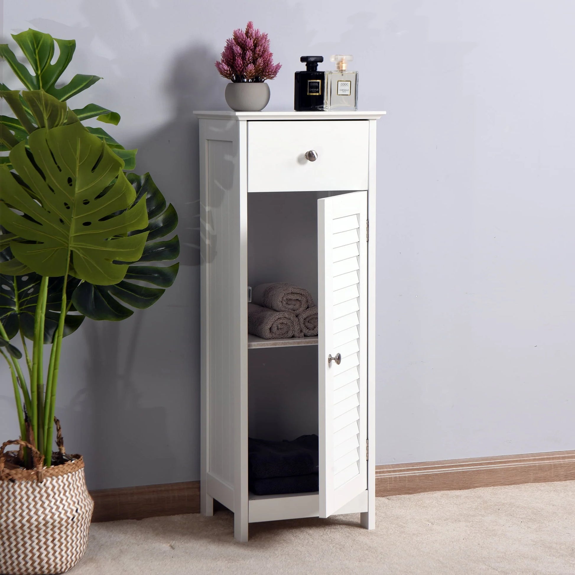 Sesslife Small Bathroom Floor Storage Cabinet, Free Standing Kitchen Cupboard Wooden Cabinet with 1 Door, White