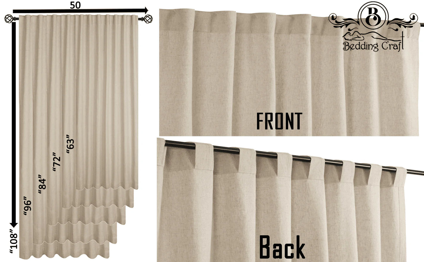 Bedding Craft Natural Cotton/Linen Window Panels Tab Top, Room Darkening Drapes, Set of 2, 50 x 63 inch, White