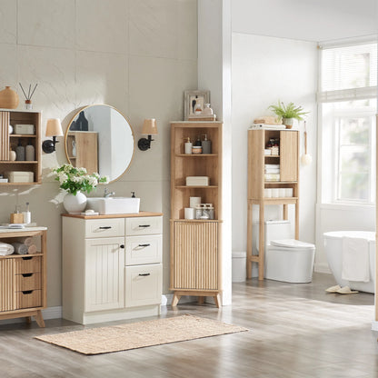 OKD 68" Tall Corner Storage Cabinet with Faux Marble Top and Adjustable Shelves Modern Pantry Curved Profile Bookshelf for Bathroom Kitchen Living Room Dining Room, Off White
