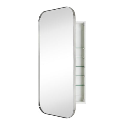 TEHOME Black Rectangle Long Recessed and Surface Mount Stainless Steel Metal Framed Rounded Rectangular Bathroom Cabinet with Mirror 20x40''