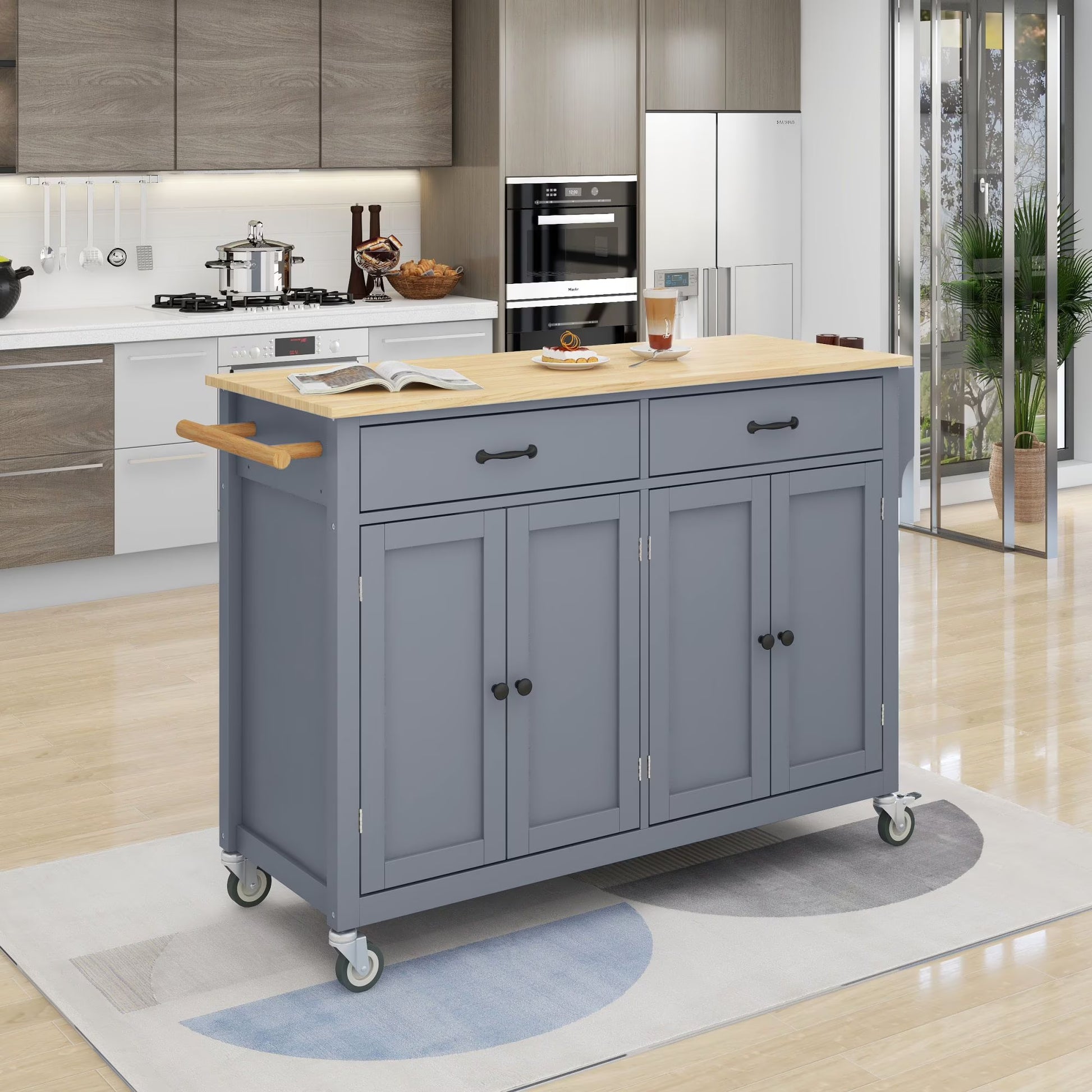 54.3" Kitchen Island Cart with Solid Wood Top and Locking Wheels, Large Trolley Cart with 4 Door Cabinet and 2 Drawers, Spice Rack, Towel Rack,Kitchen and Dining Room Utensils Organizer on Wheels,Blue