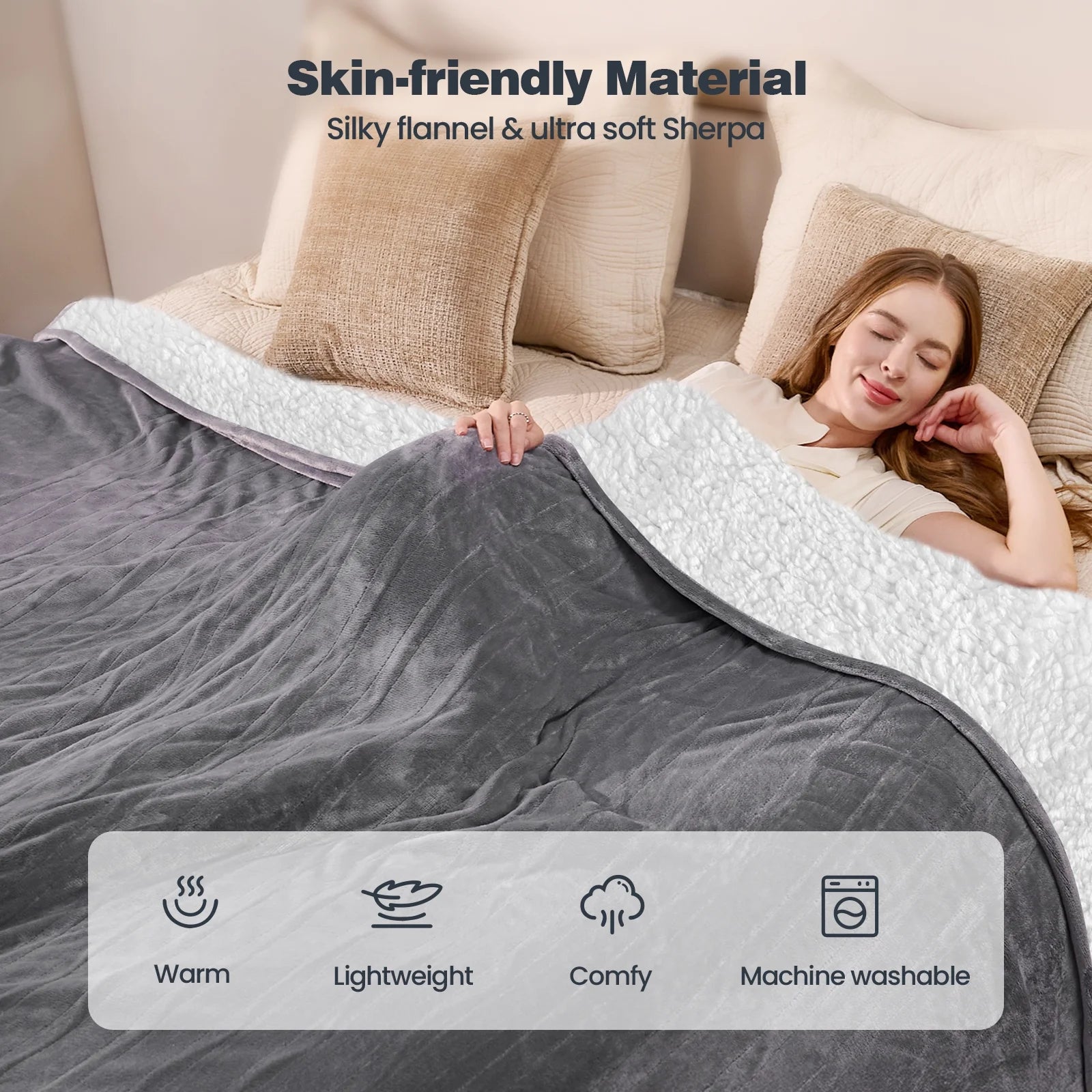 Ocuuziisu Electric Blanket 90" x 100" King Size Heated Blanket, Flannel and Sherpa, 10 Hour Auto-off, 9 Heat Settings, Fast Heating, Machine Washable, Gray