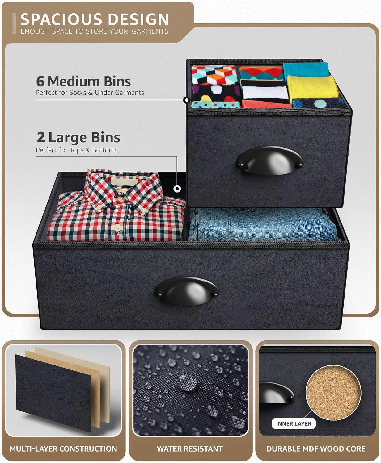 Sorbus Portable Drawer Organizers for Clothes, Blankets, Linens, Toys, Rustic Black