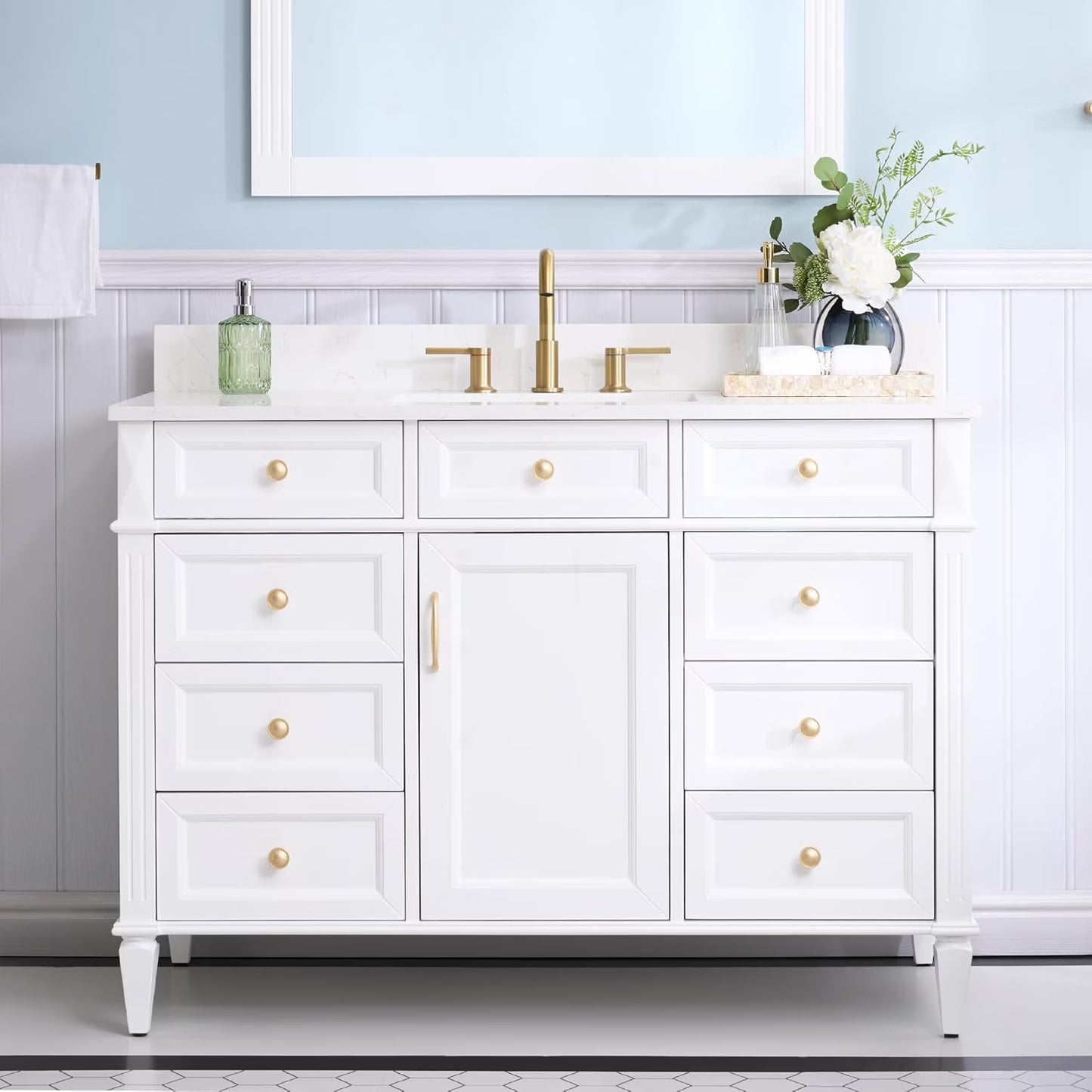 FORCLOVER 36" Bathroom Vanity with Sink Top Combo Set, Freestanding Solid Wood Bathroom Makeup Cabinet W/1 Soft-Close Door and 3 Soft-Close Drawers, Carrara White Quartz Countertop, Grey