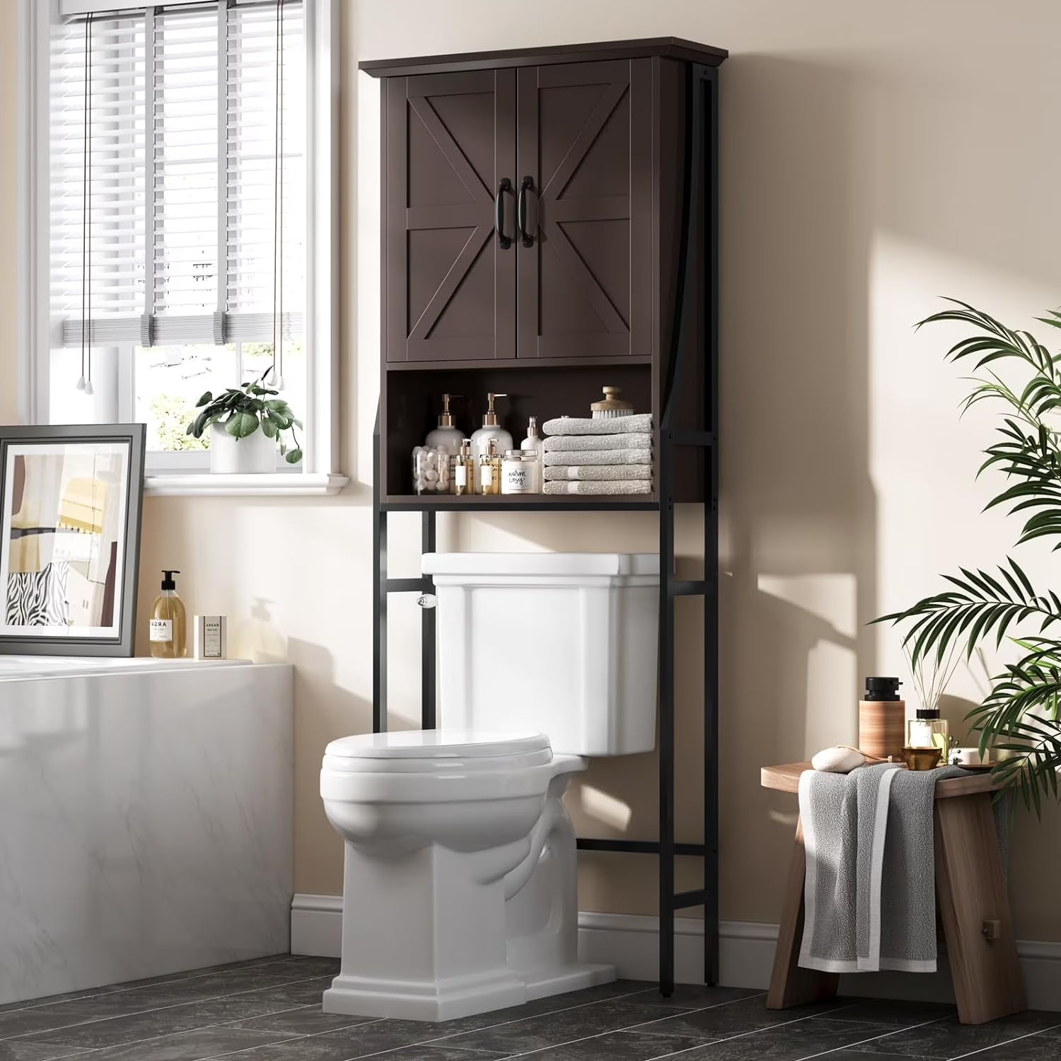 Over The Toilet Storage Cabinet, Over Toilet Bathroom Organizer, Above Toilet Storage Cabinet with Barn Doors Behind Toilet Bathroom Organizer Over-The-Toilet Cabinet (Cream White)