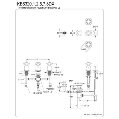 Kingston Brass KB6327DX Concord Three-Handle Bidet Faucet with Brass Pop-Up, Brushed Brass