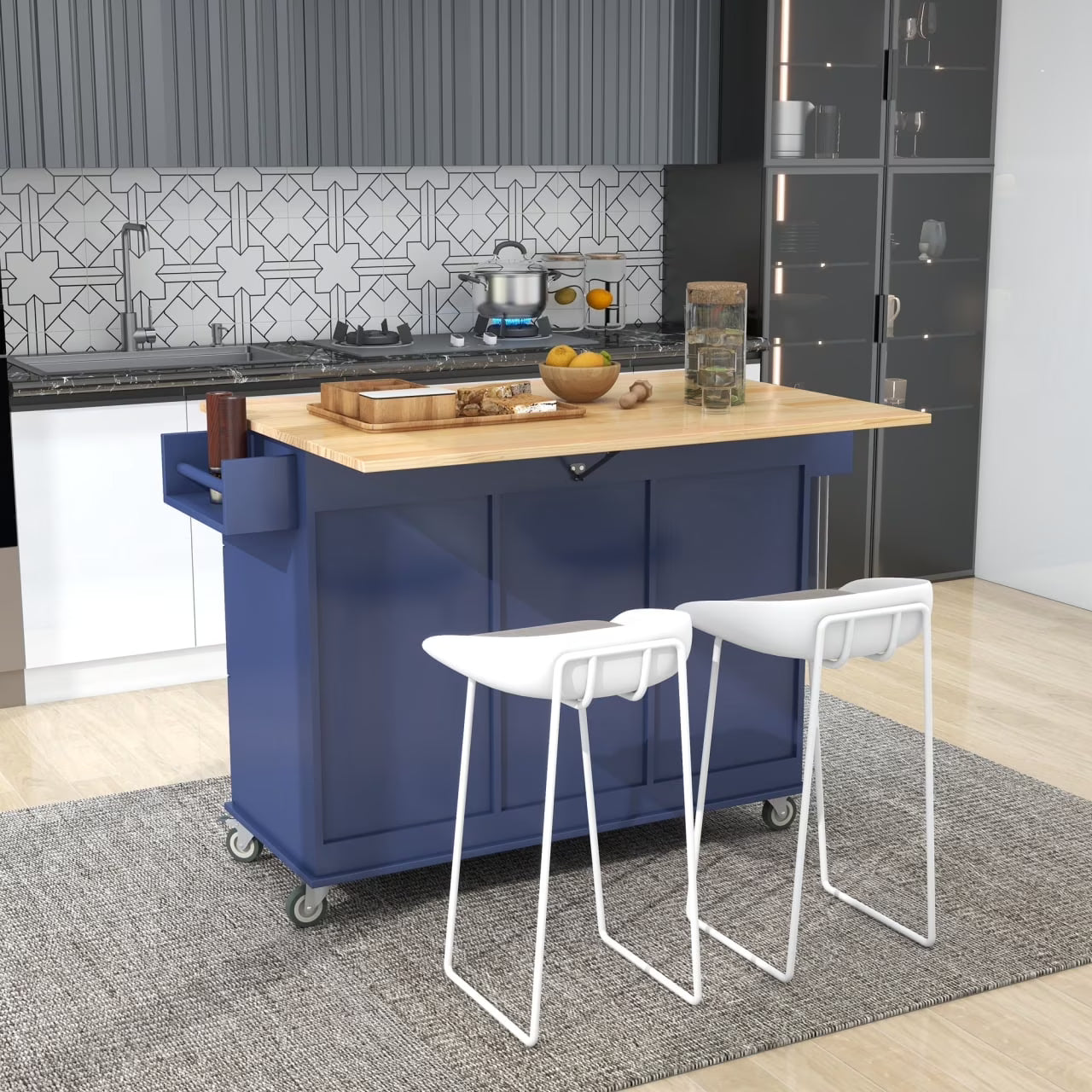 Kitchen Cart with Solid Wood Top and Drop Leaf Breakfast Bar, Rolling Mobile Kitchen Island with Storage, Spice Rack and Towel Rack, 52.7 Inch Width, Grey Blue