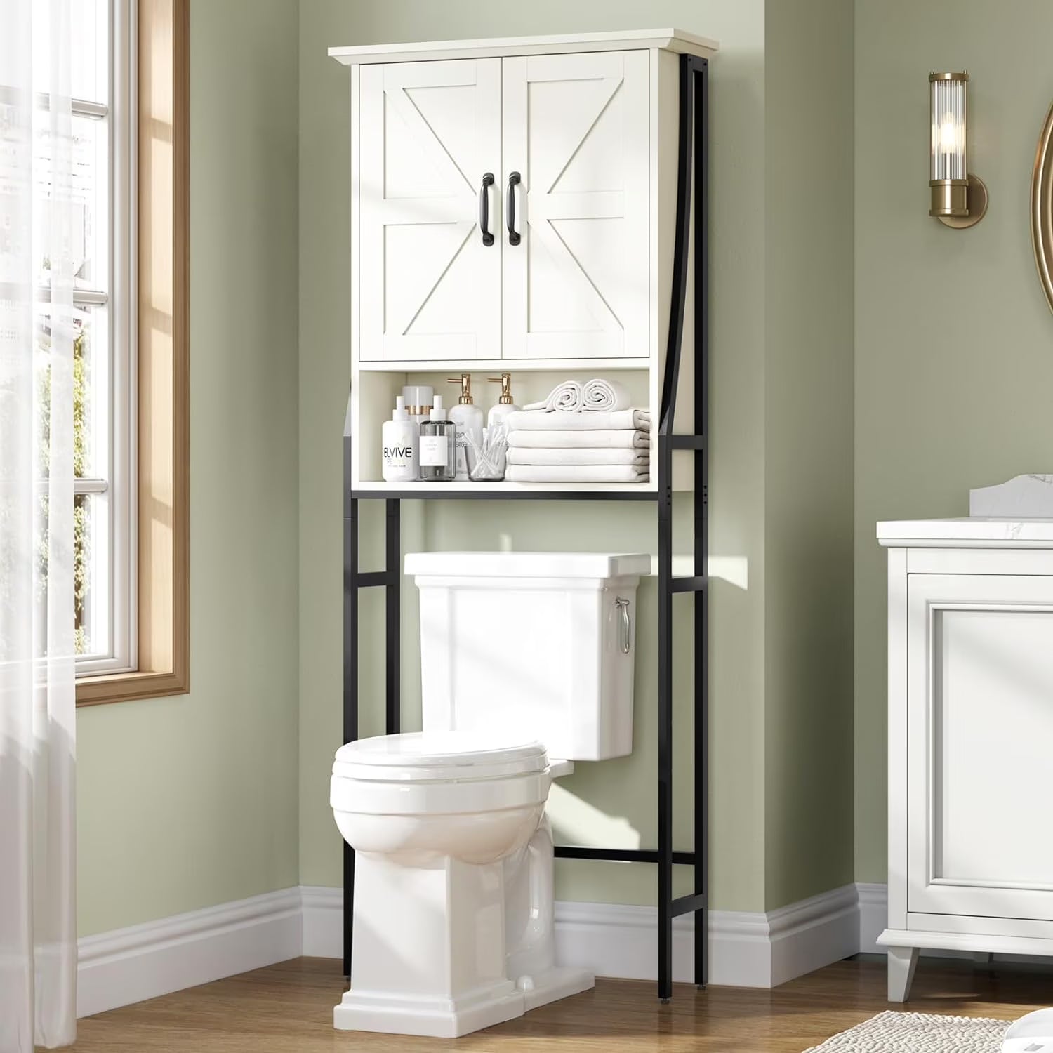 Over The Toilet Storage Cabinet, Over Toilet Bathroom Organizer, Above Toilet Storage Cabinet with Barn Doors Behind Toilet Bathroom Organizer Over-The-Toilet Cabinet (Cream White)