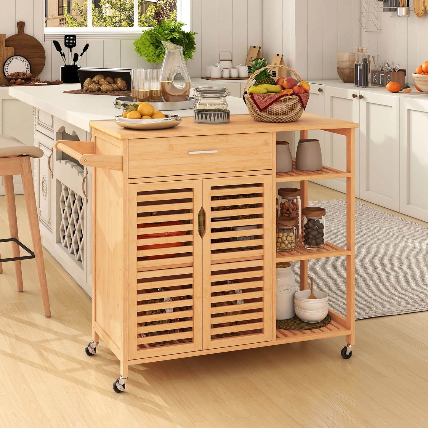Costway 35.5" Kitchen Island Cartwith Lockable Wheels Drawer Open Shelves Towel Bar