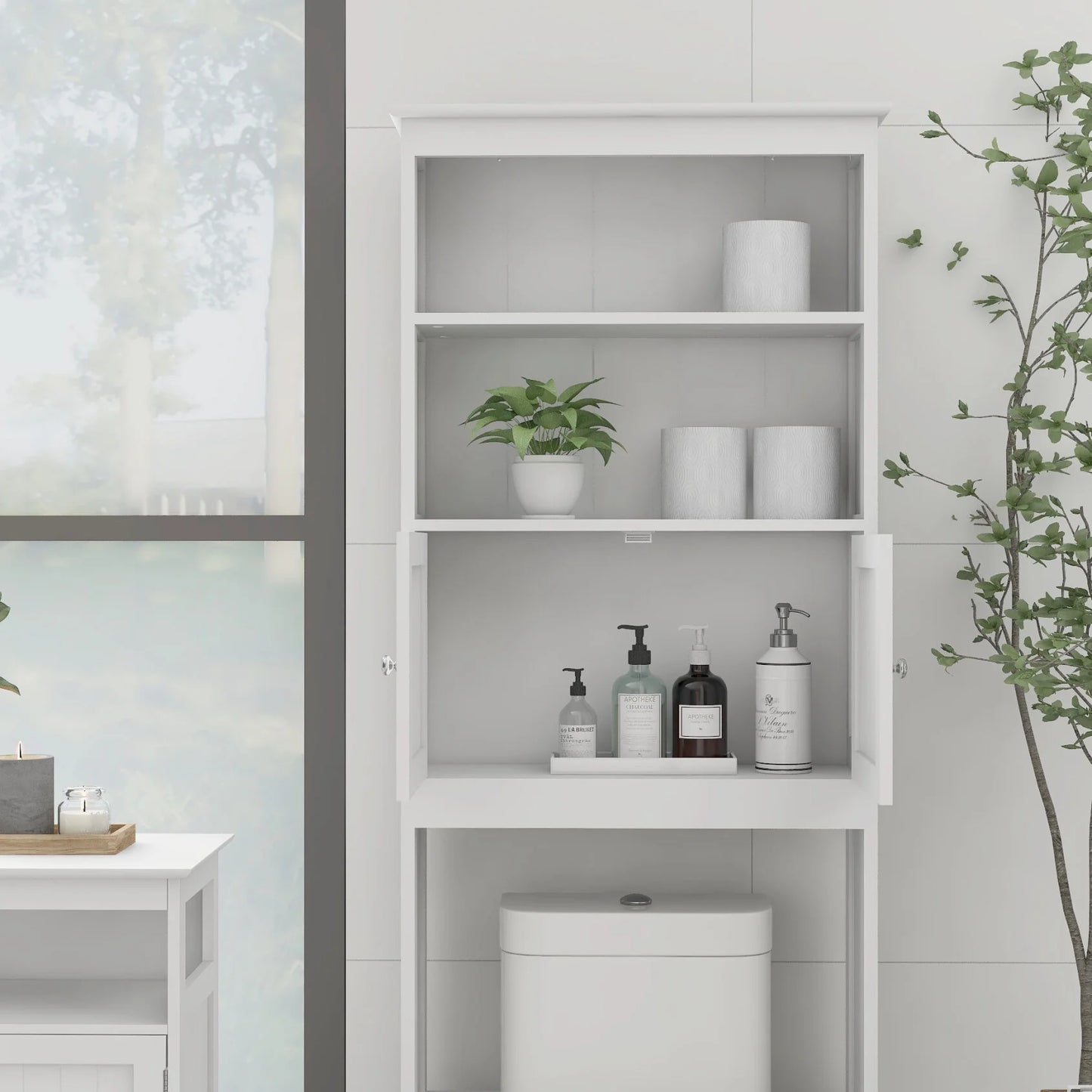 Over The Toilet Storage Cabinet, Over Toilet Bathroom Organizer with Storage Shelf & 2 Open Cabinet, 3-Tiers Bathroom Over Toilet Storage, Over The Toilet Storage Shelf for Bathroom, Laundry, White