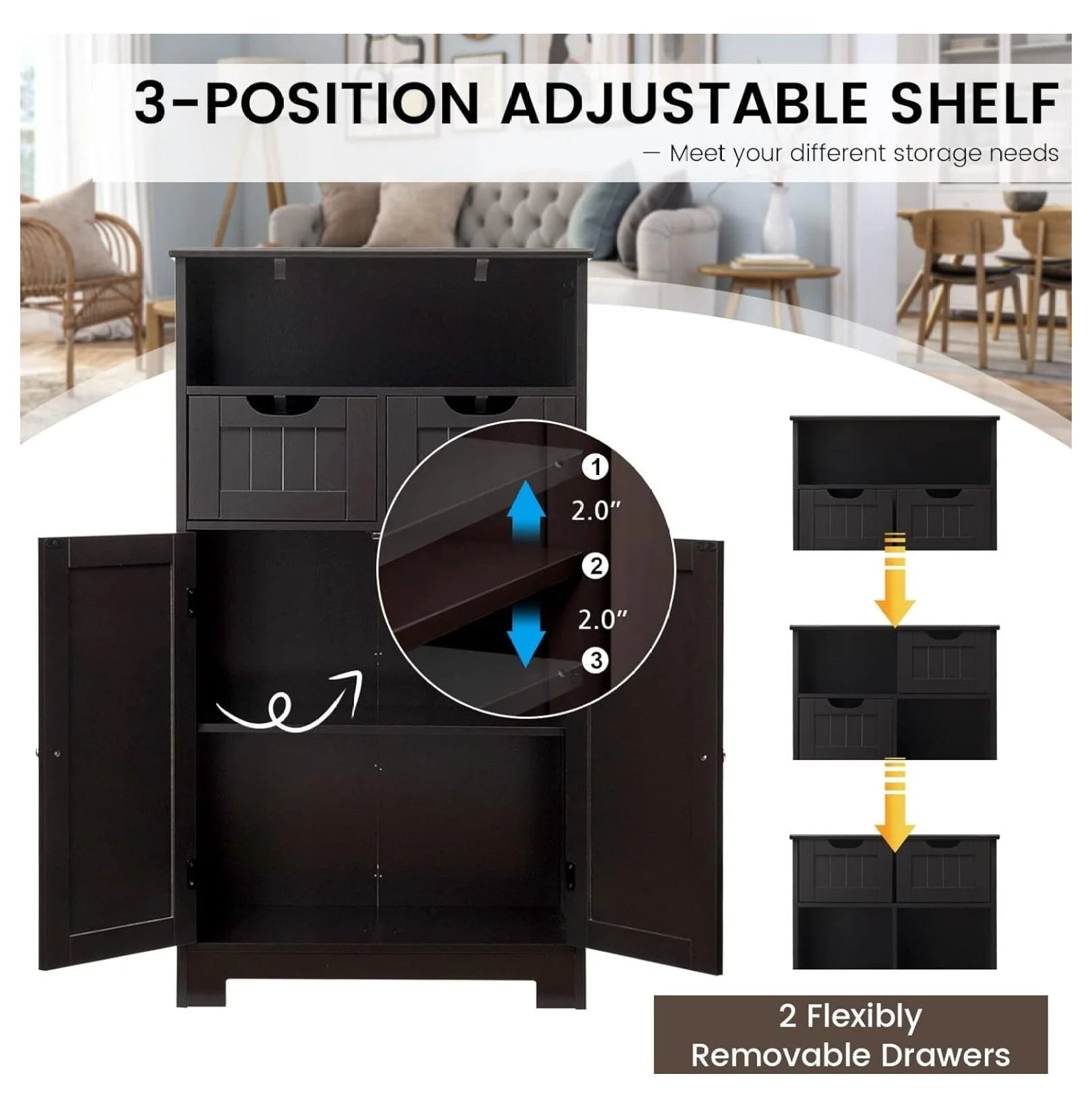 Freestanding Wooden Storage Cabinet with 2 Drawers & Adjustable Shelf for Bathroom, Living Room, Bedroom, Kitchen - Brown