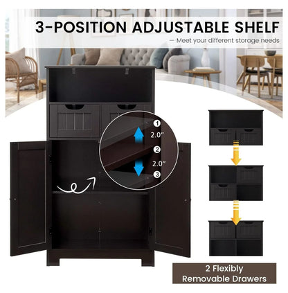 Freestanding Wooden Storage Cabinet with 2 Drawers & Adjustable Shelf for Bathroom, Living Room, Bedroom, Kitchen - Brown
