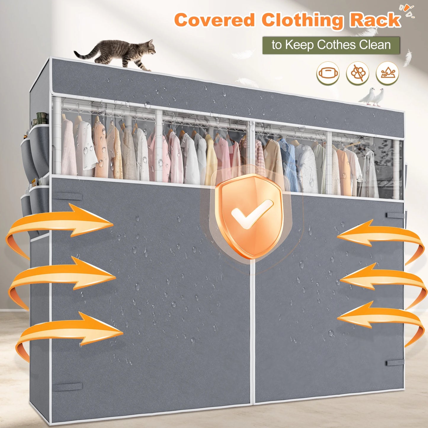 EnHomee 76"W Clothes Rack with Cover,1100LBS Heavy Duty Wardrobe Closet Organizer,Adjustable Portable ClosetBlack