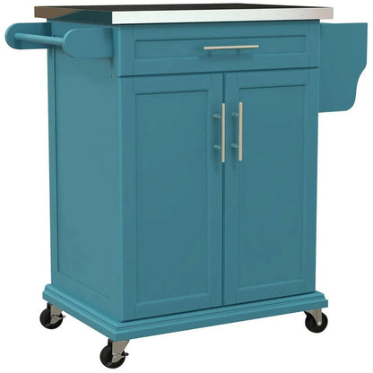 Finihen 35" Kitchen Island Cart on Wheels with Stainless Steel Top, Rolling Dining Room Serving Utility Carts Mobile Movable with Towel Rack, Blue