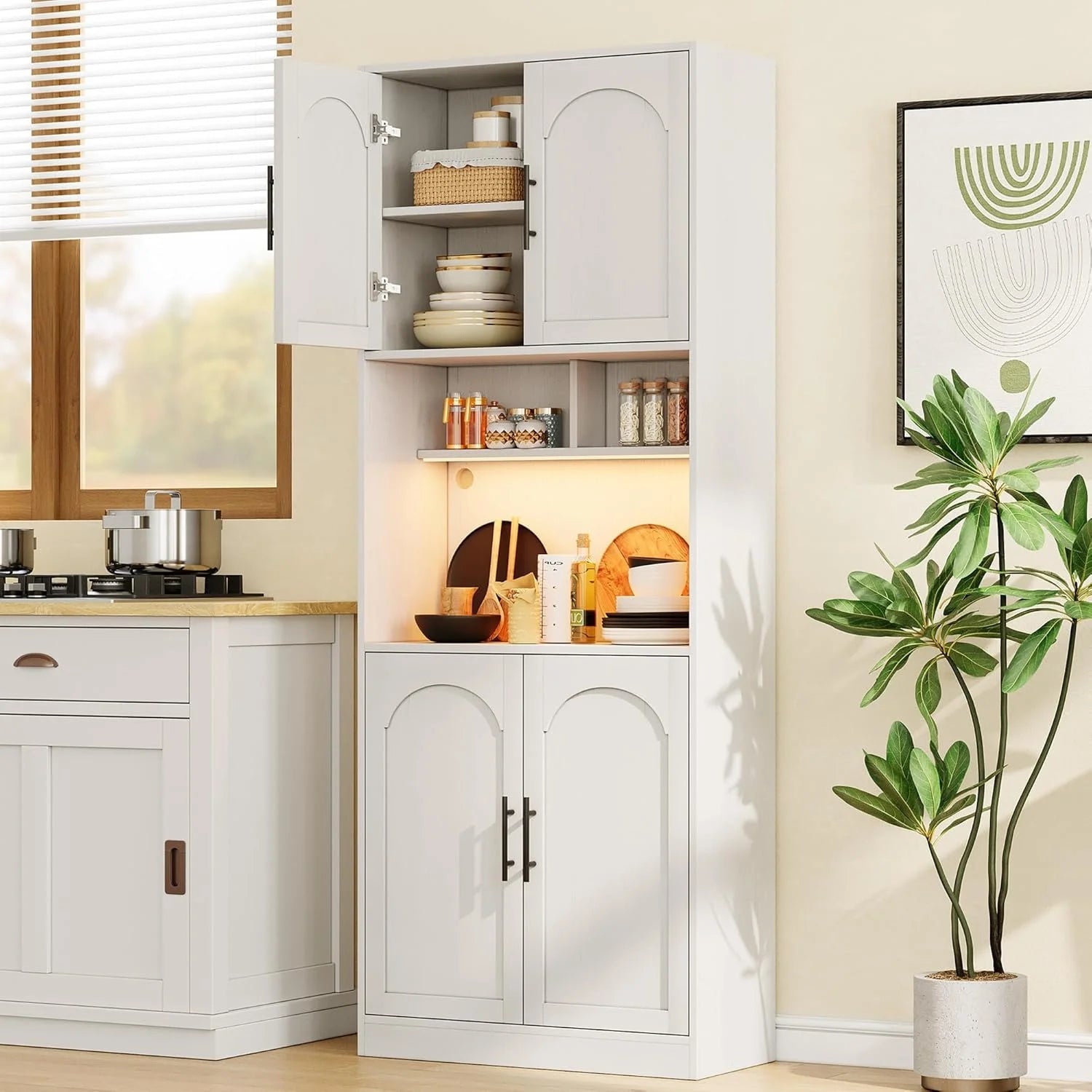 71° Tall Kitchen Pantry Storage Cabinet with Microwave Shelf and LED Light, Storage Cabinet with Door and Shelve, Hutch Cabinet with Storage for Dining Room, Living Room, Bathroom, White