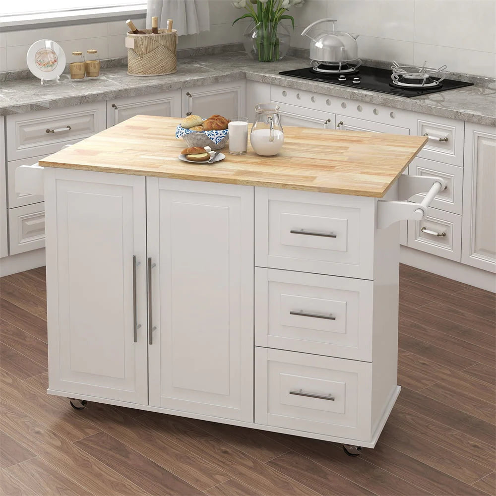 Upgraded Kitchen Island Cart with Drop-Leaf Tabletop and Locking Wheels, 43.7" Kitchen Trolley Cart with 2 Door Cabinet & 3 Storage Drawers & Spice Rack & Towel Rack, Rolling Kitchen Island Cart White