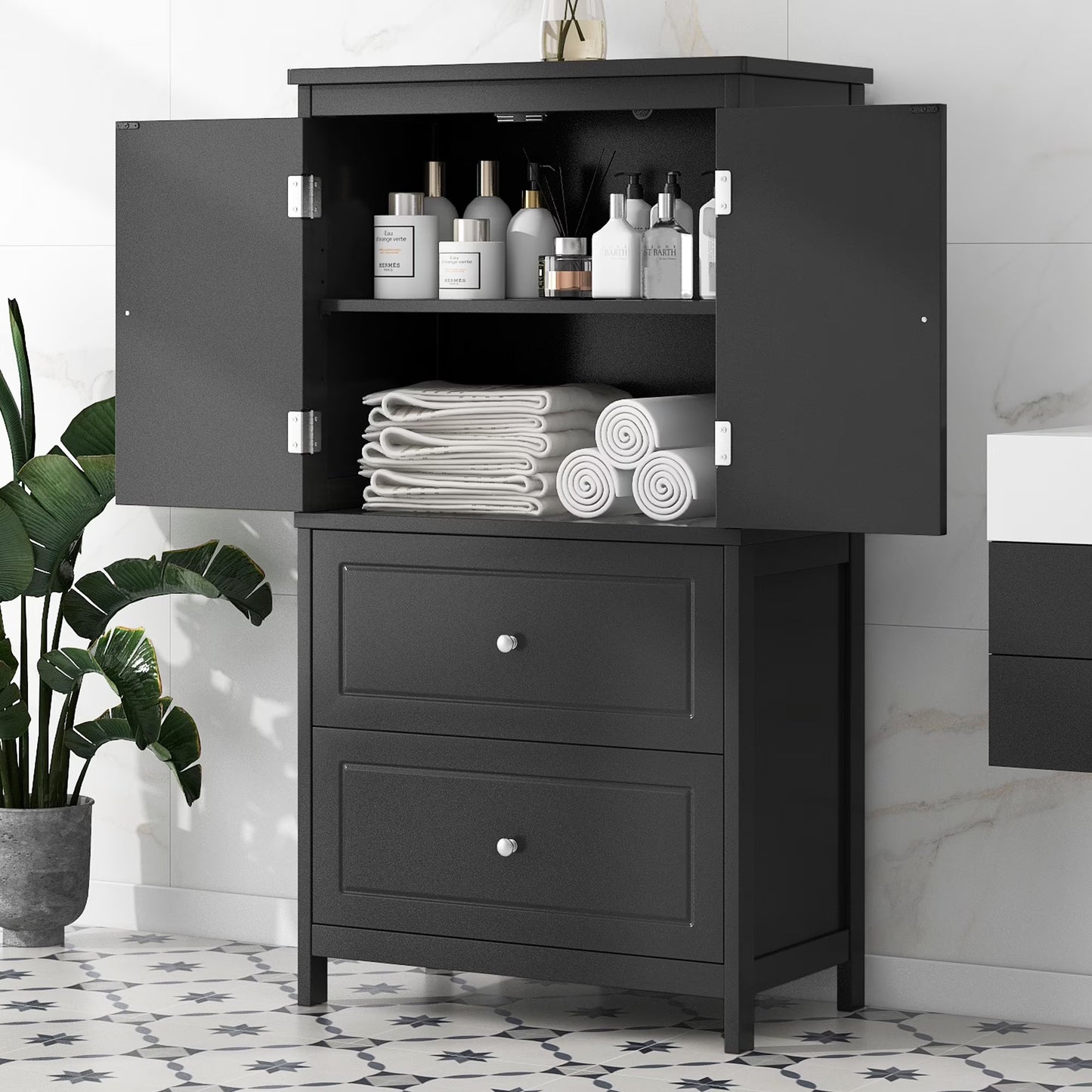 EUROCO Bathroom Floor Storage Cabinet,Bathroom Storage Unit,Freestanding Cabinet with 2 Drawers and 2 Doors,Adjustable Shelf,11.8 x 23.6 x 43.3 Inches,White