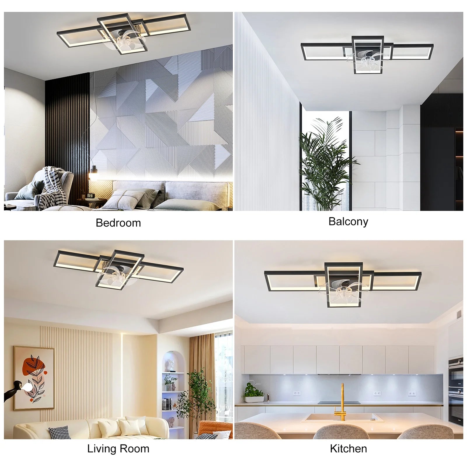 Garwarm Modern Black LED Ceiling Fan With Lights Low Profile 35" Dimmable Square with Remote Rectangle Light Fixture for Kitchen,Bathroom,Balcony,Living Room
