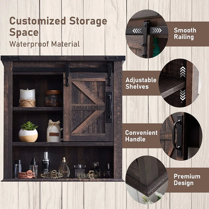 OKD Wall Storage Cabinet with Barn Door & 3 Shelves Farmhouse Wooden Bathroom Wall Mounted Medicine Cabinet Organizer Spacesaver for Kitchen Laundry Room Hotels Home, Light Rustic Oak