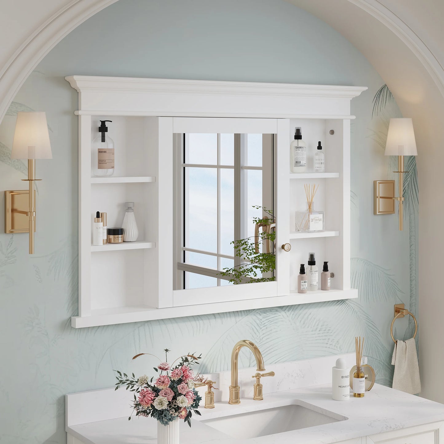 FORCLOVER 40"x 32" Bathroom Medicine Cabinet with 3 Adjustable Shelves, Recessed Mount Wooden Medicine Cabinet Storage with Mirrors and Soft-Close Door, White