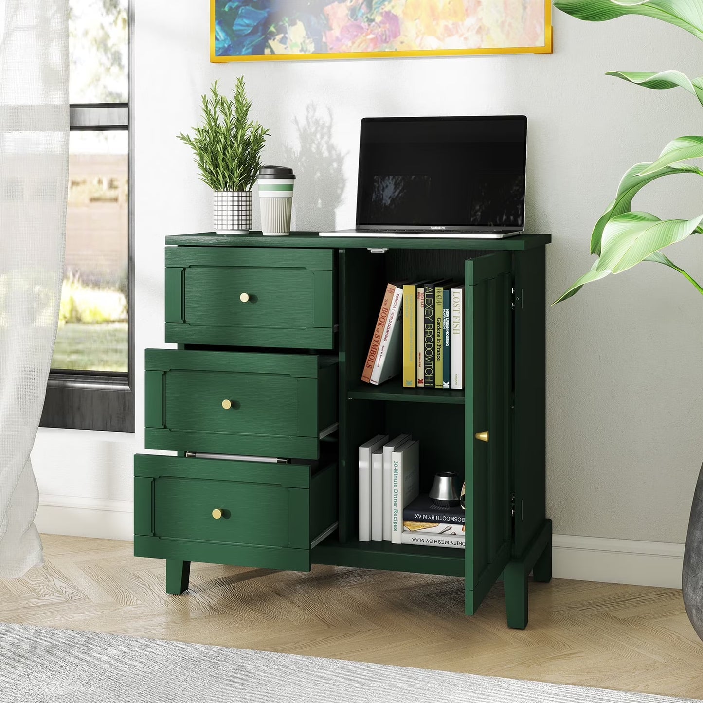 CBJCBJ 31.7"Storage Cabinet, Classical 3 Drawers & 1 Door Design with Gold-Tone Handles, Multi-Use Organizer for Living Room, Kitchen, BathroomBLUE)