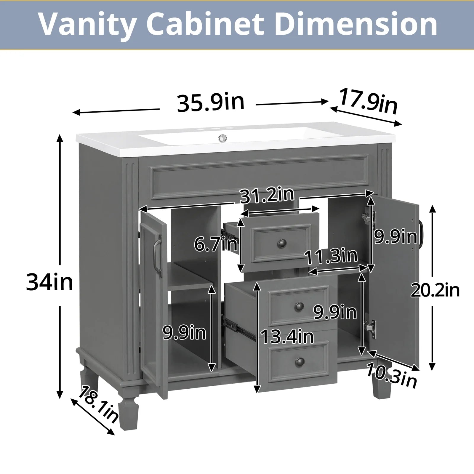 36" Bathroom Vanity Set with Resin Sink and Wall Mounted Mirror Cabinet, Modern Freestanding Single Cabinet Combo with Storage Shelves & 2 Drawers & 2 Soft Closing Doors, Vintage Handles, Gray