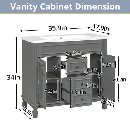 36" Bathroom Vanity Set with Resin Sink and Wall Mounted Mirror Cabinet, Modern Freestanding Single Cabinet Combo with Storage Shelves & 2 Drawers & 2 Soft Closing Doors, Vintage Handles, Gray