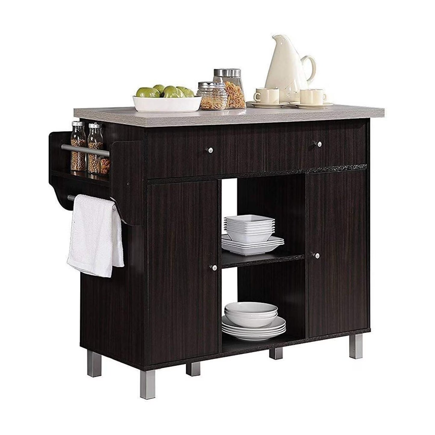 Hodedah Kitchen Island with Spice Rack plus Towel Holder in White Wood