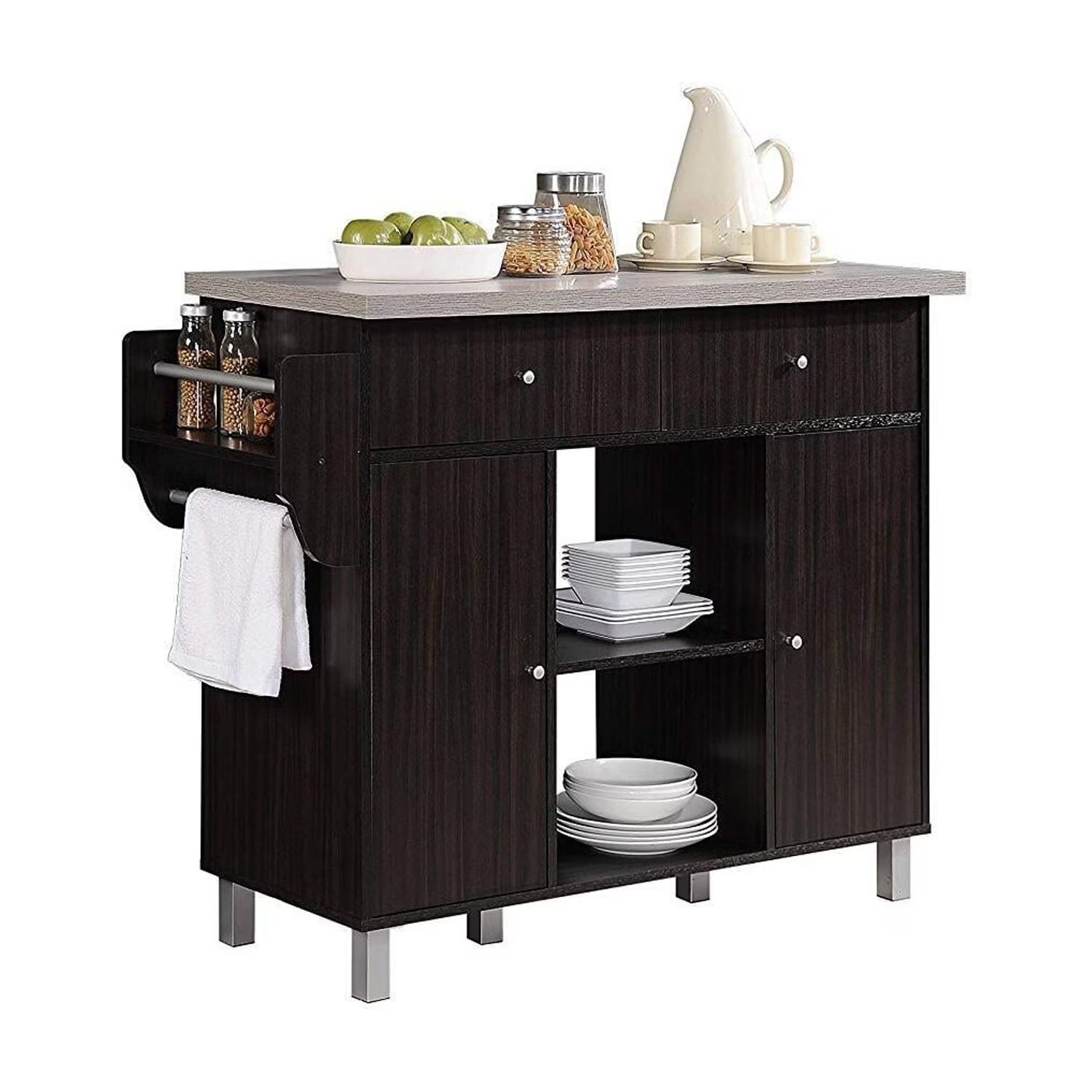 Hodedah Kitchen Island with Spice Rack plus Towel Holder in White Wood