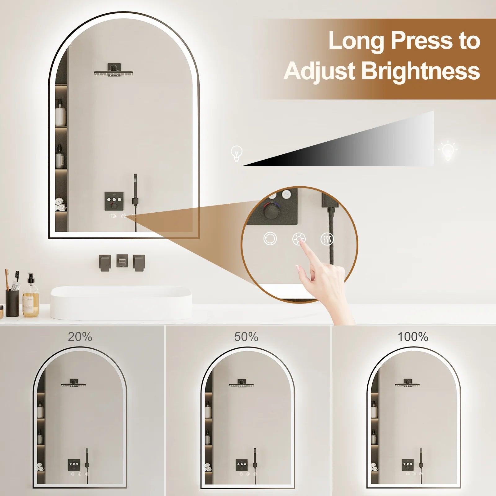 Funtouch Arched LED Bathroom Mirror 20"x30" with Front and Backlight, LED Bathroom Mirror with LightsAnti-Fog3 Colors, Memory,Shatterproof,UL Listed