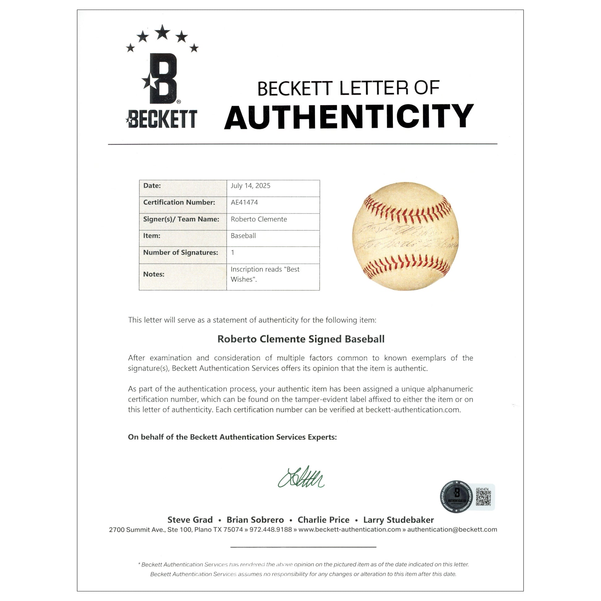 Roberto Clemente Autographed Official Giles NL Baseball Pittsburgh Pirates 'Best Wishes' PSA/DNA & Beckett Authenticated