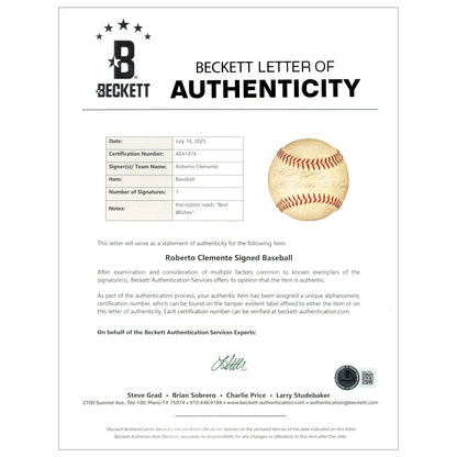 Roberto Clemente Autographed Official Giles NL Baseball Pittsburgh Pirates 'Best Wishes' PSA/DNA & Beckett Authenticated