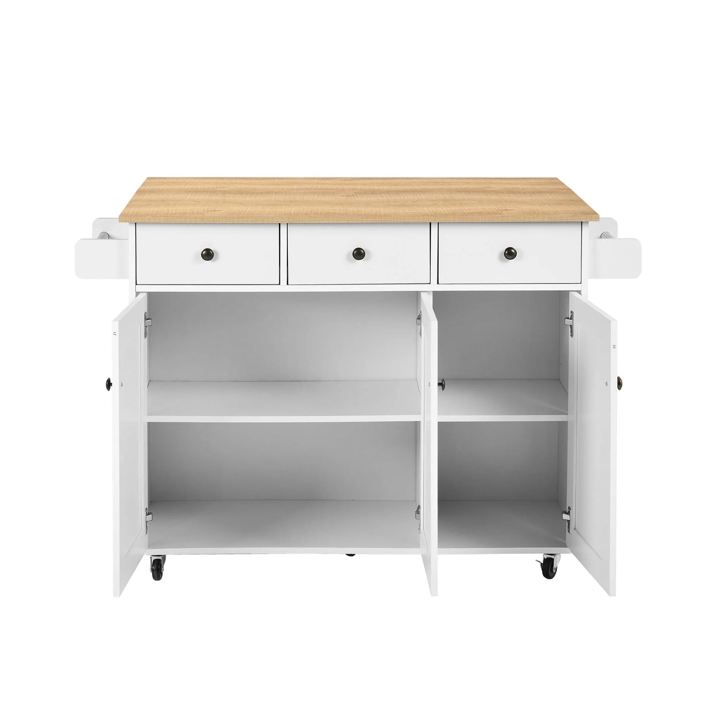 Homy Casa 56" Rolling Kitchen Island with Wood Top, Storage Cabinet, 3 Drawers, Towel Racks, White