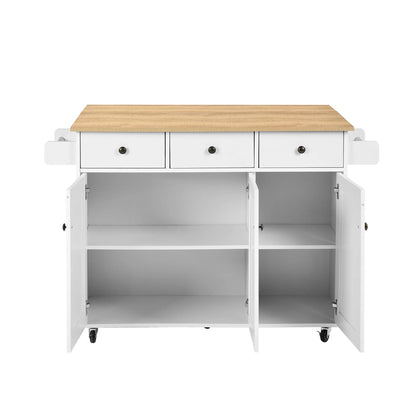 Homy Casa 56" Rolling Kitchen Island with Wood Top, Storage Cabinet, 3 Drawers, Towel Racks, White