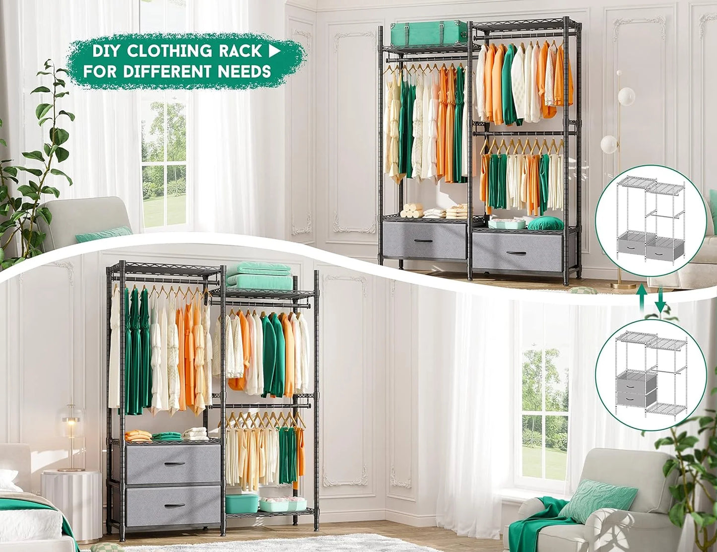 EnHomee Clothing Rack Heavy Duty Clothes Rack with 2 Drawers Adjustable Metal Wardrobe Organizer,620lbs Load Capacity