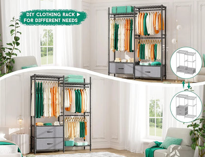 EnHomee Clothing Rack Heavy Duty Clothes Rack with 2 Drawers Adjustable Metal Wardrobe Organizer,620lbs Load Capacity