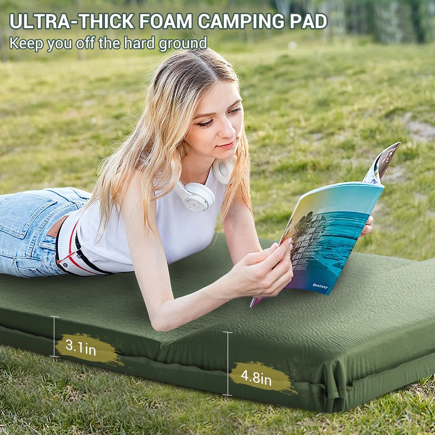 Elegear Self Inflating Sleeping Pad, 3.1" Ultra-Thick Memory Foam Camping Pad with Pillow Fast Inflating in 20s Insulated Camping Mattress Pad 4-Season Camp Sleeping Mat for Camping/Car/Tent