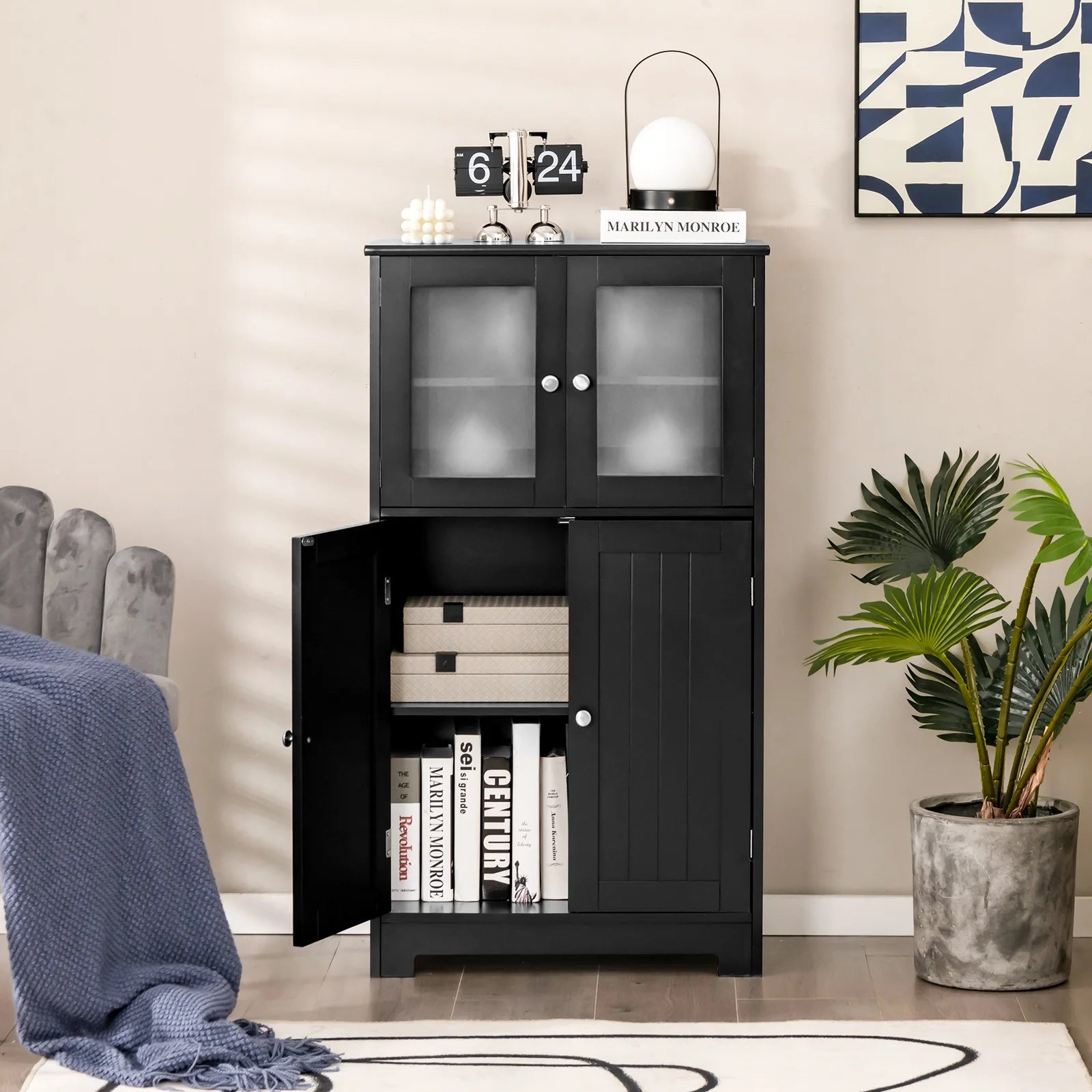 Costway Bathroom Floor Storage Cabinet Kitchen Cupboard w/Doors& Adjustable Shelf Black