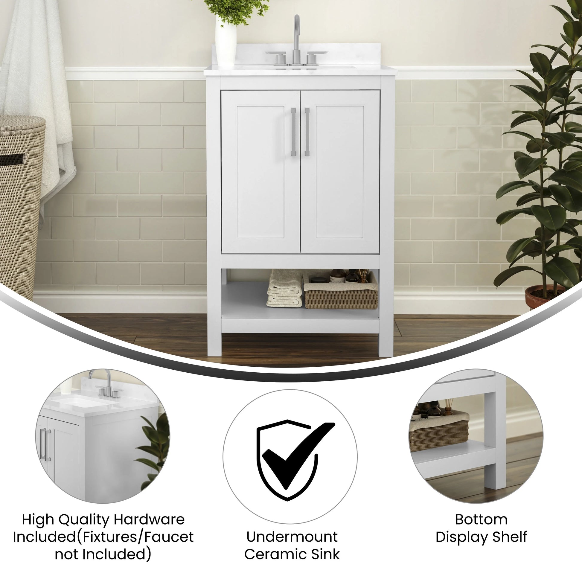 BizChair 24 Inch Bathroom Vanity with Sink Combo, Storage Cabinet with Soft Close Doors and Open Shelf, Carrara Marble Finish Countertop, White/White