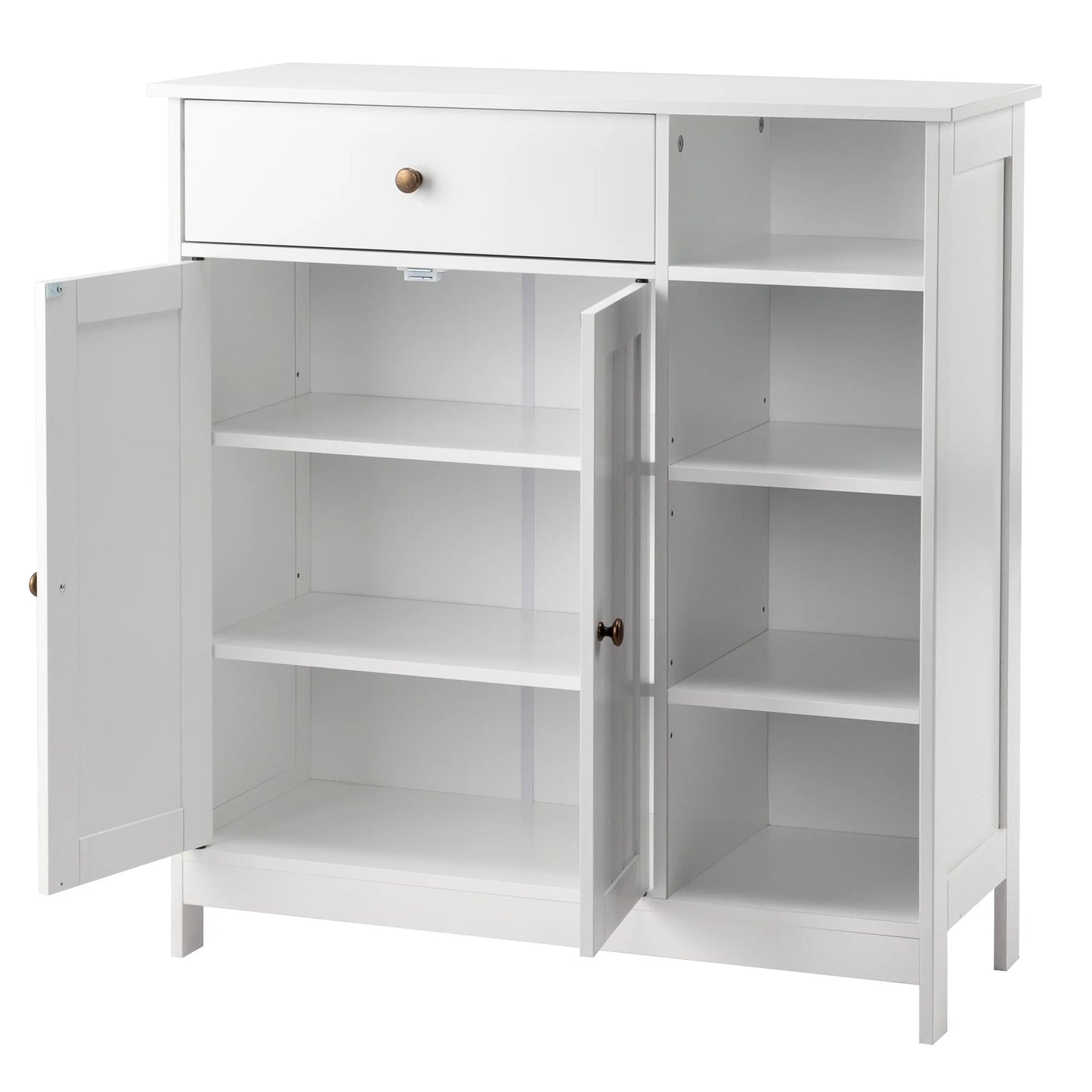 Zimtown Wooden 2-Door Bathroom Cabinet Storage Organizer with 2 Shelves& 1 Drawer & Three-layer Side Rack, White