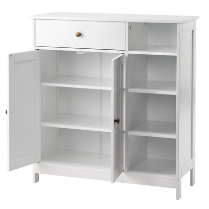 Zimtown Wooden 2-Door Bathroom Cabinet Storage Organizer with 2 Shelves& 1 Drawer & Three-layer Side Rack, White