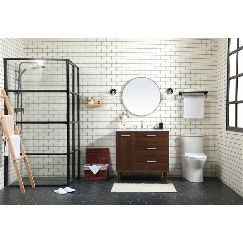 Elegant Decor Baldwin 36" Solid Wood and MDF Bathroom Vanity in Walnut