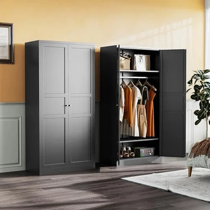 Metal Wardrobe Cabinet with Hanging Rod,Black Armoire Wardrobe Closet,Metal Clothing Storage Cabinet with Adjustable Shelves and Doors,72" Cloth Storage Cabinets for Home,Living/Laundry Room